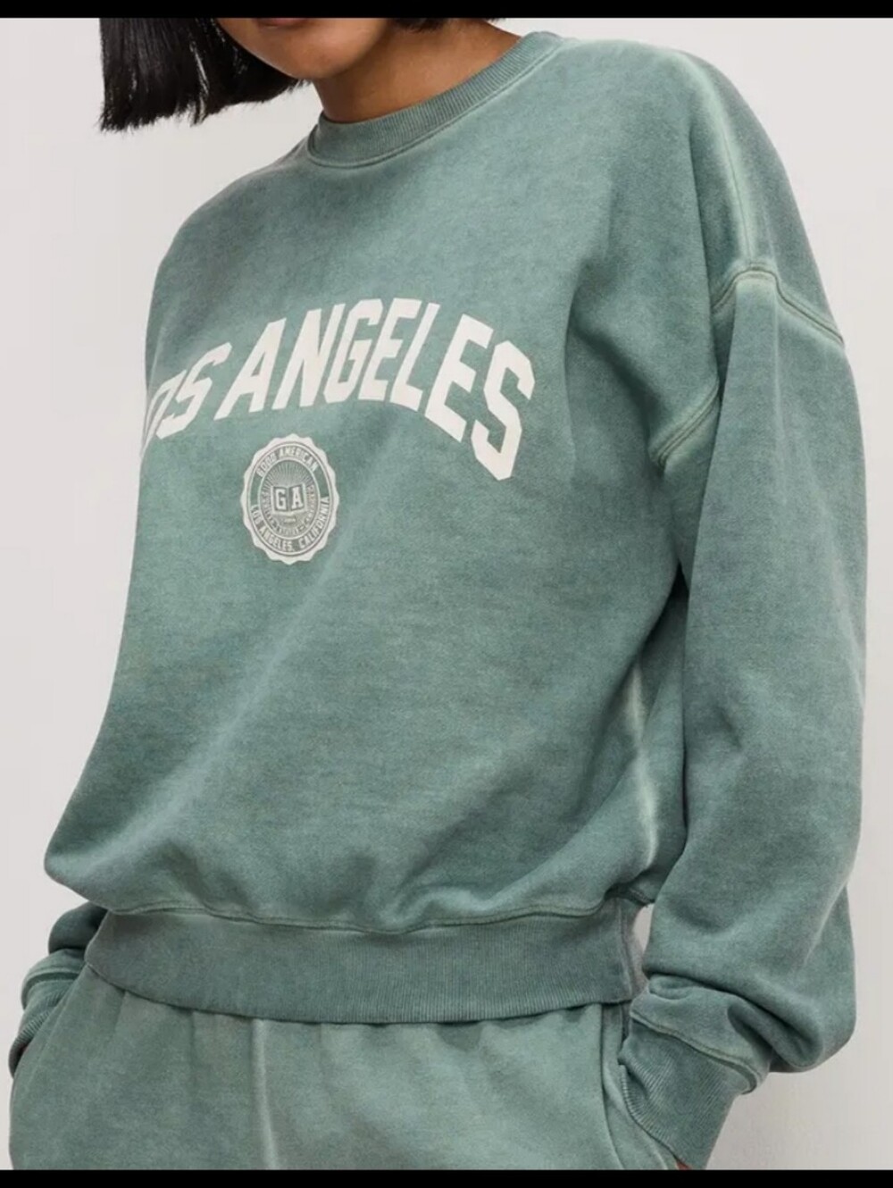 Good American Brushed Fleece Los Angeles Graphic Crewneck Sweatshirt Green XL